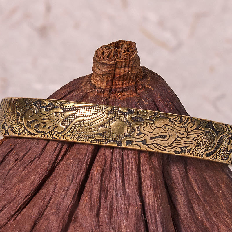 Buddha Stones Dragon And Phoenix Playing With A Pearl Carved Copper Brass Luck Protection Bracelet Bangle - image 4