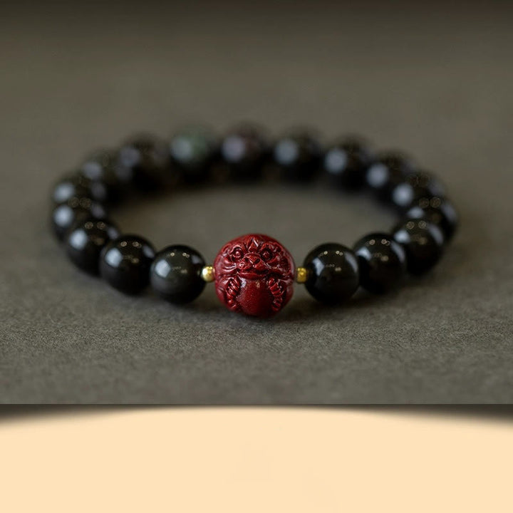 Buddha Stones Chinese Zodiac Natural Black Obsidian Cinnabar Purification Bracelet