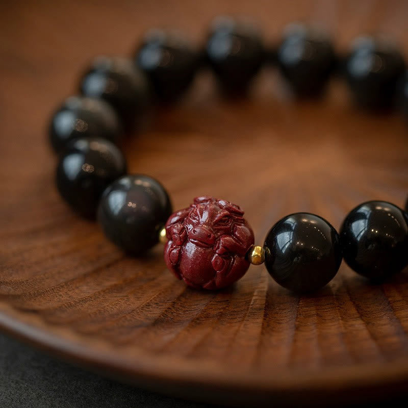 Buddha Stones Chinese Zodiac Natural Black Obsidian Cinnabar Purification Bracelet