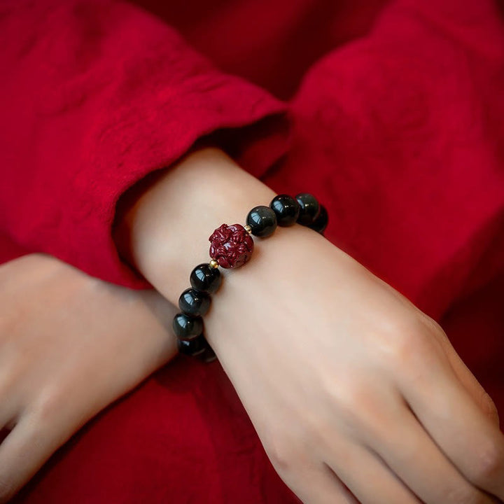 Buddha Stones Chinese Zodiac Natural Black Obsidian Cinnabar Purification Bracelet