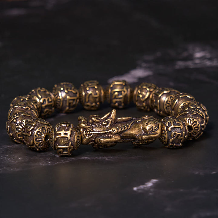 Buddha Stones Pi Xiu Carrying Fu Character Six True Words 'om Mani Padme Hum' Copper Beads Wealth Bracelet Bangle