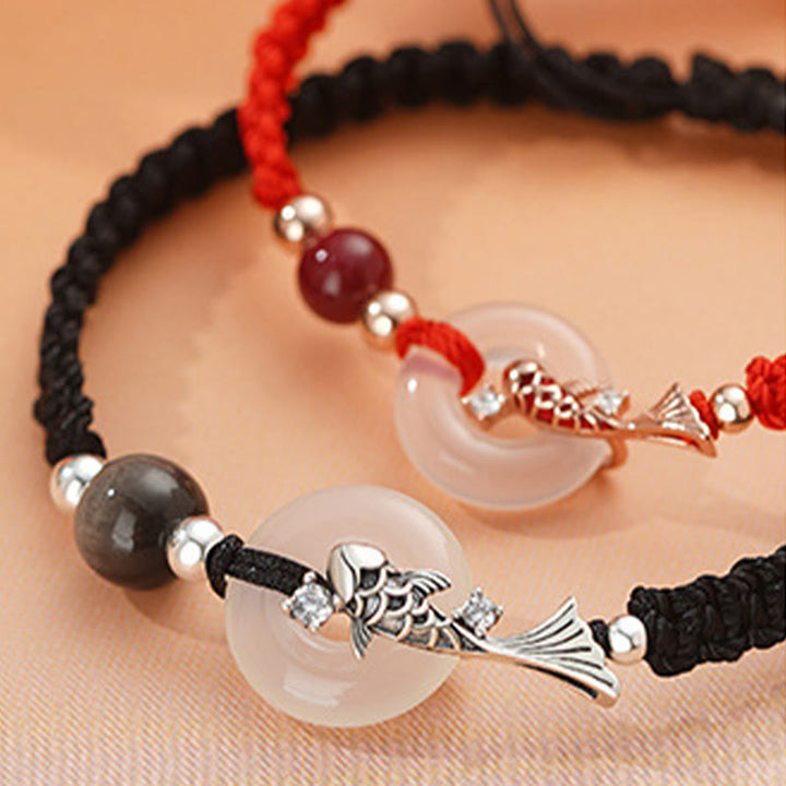 Buddha Stones Handmade Chalcedony Peace Buckle Koi Fish 925 Sterling Silver Braided String Positive Couple's Bracelet