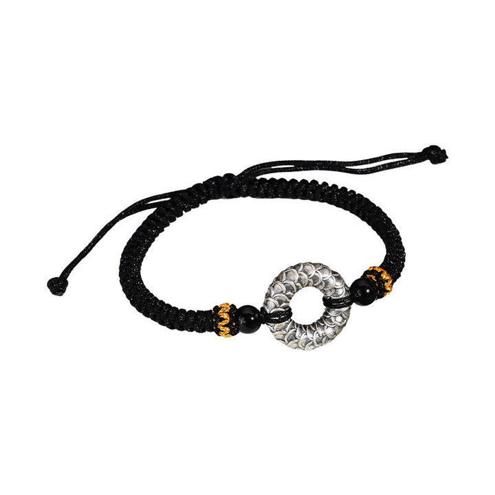 Buddha Stones Handmade Black Onyx 999 Sterling Silver Peace Buckle Dragon Black String Luck Braided Bracelet