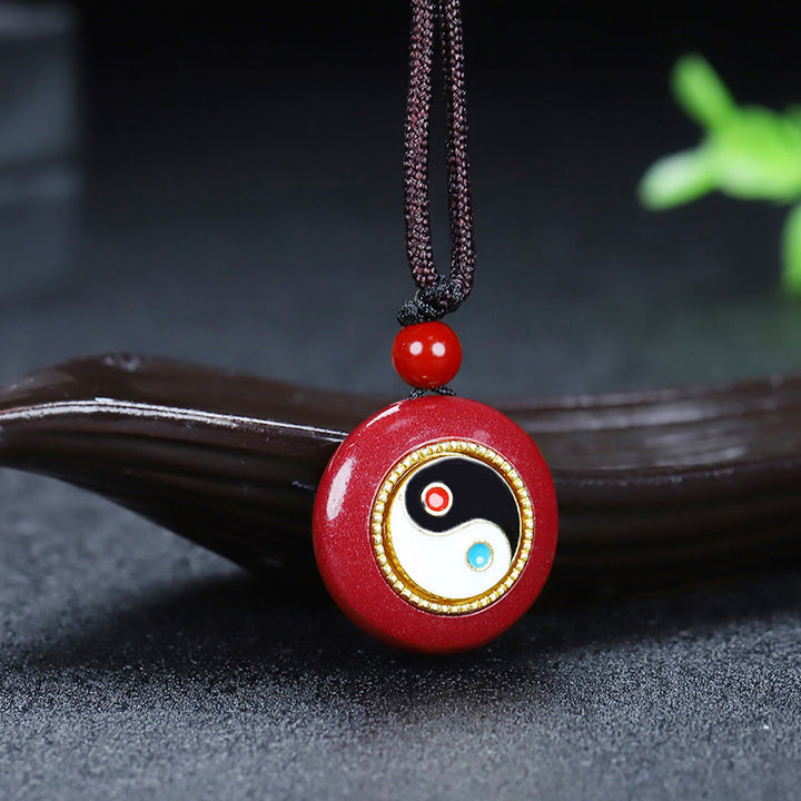 Buddha Stones Natural Cinnabar Yin Yang Design Braided String Blessing Necklace Pendant