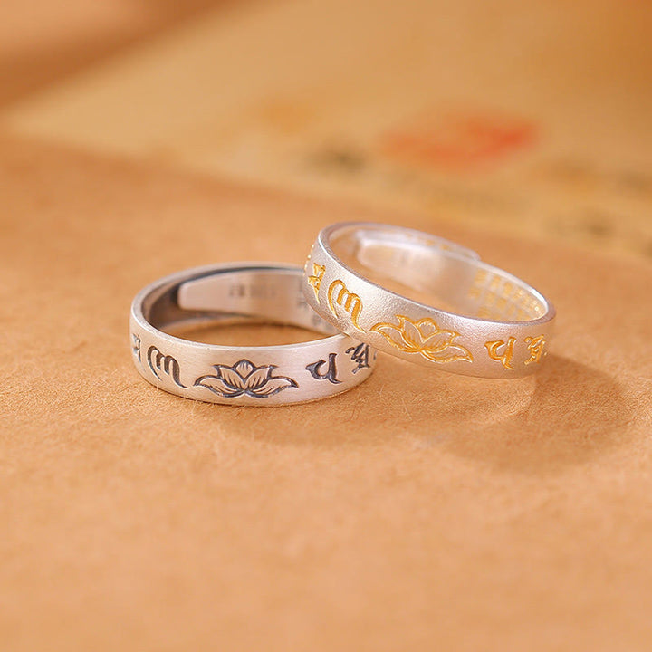 Buddha Stones 999 Sterling Silver Lotus Six True Words 'om Mani Padme Hum' Adjustable Enlightenment Ring - image 0