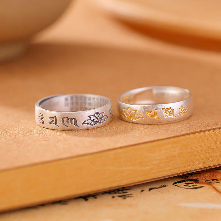 Buddha Stones 999 Sterling Silver Lotus Six True Words 'om Mani Padme Hum' Adjustable Enlightenment Ring - image 1
