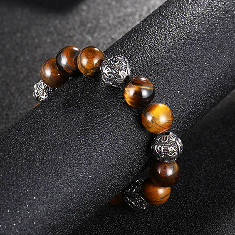 Buddha Stones Natural Lava Rock Tiger Eye Titanium Steel Six-True-Words Om Mani Padme Hum Healing Bracelet