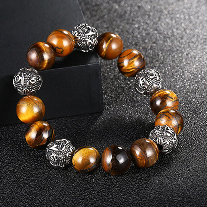 Buddha Stones Natural Lava Rock Tiger Eye Titanium Steel Six-True-Words Om Mani Padme Hum Healing Bracelet