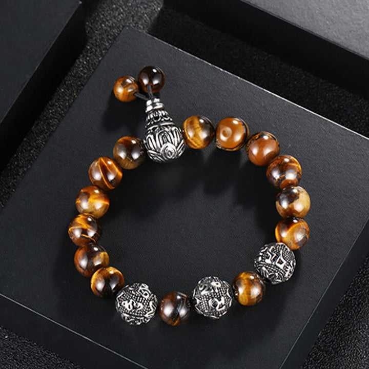 Buddha Stones Natural Tiger Eye Lava Rock Black Obsidian Titanium Steel Six-True-Words Om Mani Padme Hum Protection Bracelet