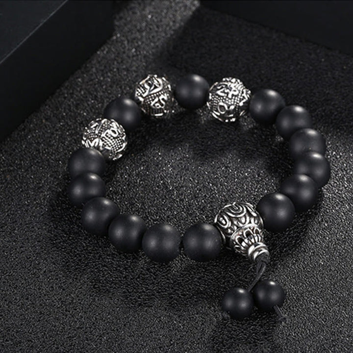 Buddha Stones Natural Tiger Eye Lava Rock Black Obsidian Titanium Steel Six-True-Words Om Mani Padme Hum Protection Bracelet