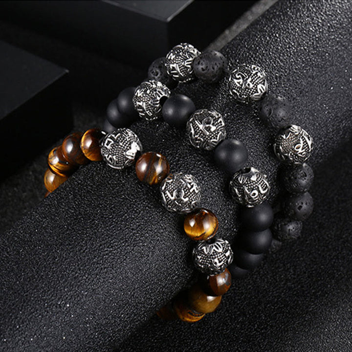 Buddha Stones Natural Tiger Eye Lava Rock Black Obsidian Titanium Steel Six-True-Words Om Mani Padme Hum Protection Bracelet