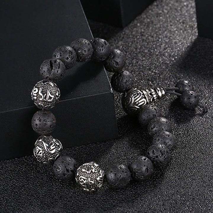 Buddha Stones Natural Tiger Eye Lava Rock Black Obsidian Titanium Steel Six-True-Words Om Mani Padme Hum Protection Bracelet