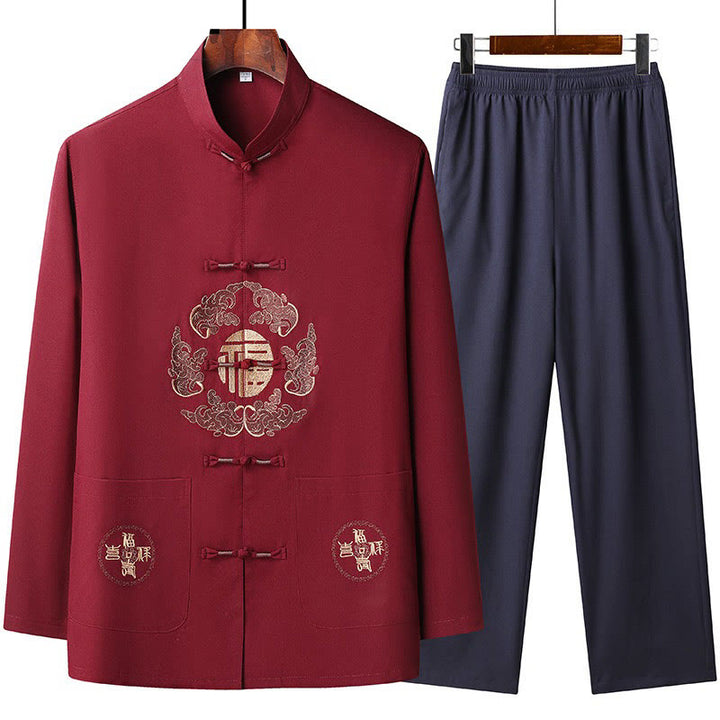 Buddha Stones Chinese New Year Embroidered Fu Tang Suit Hanfu Long Sleeve Top Pants Clothing Men's Set