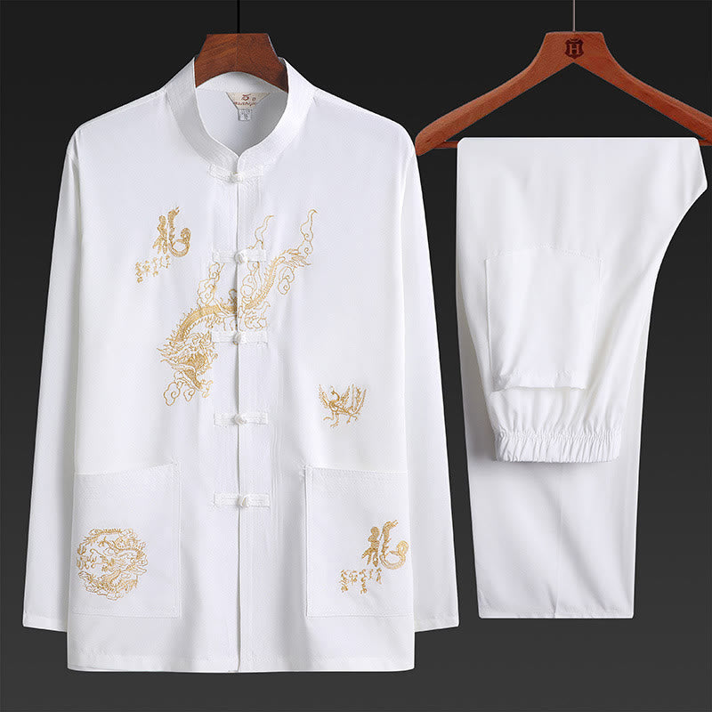 Buddha Stones Chinese New Year Embroidered Dragon Frog-button Tang Suit Hanfu Traditional Uniform Long Sleeve Top Pants Clothing Men's Set