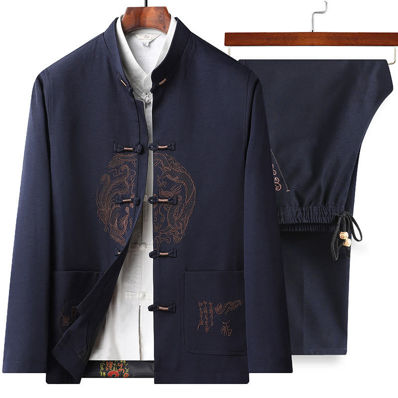 Buddha Stones Chinese New Year Embroidered Tang Suit Hanfu Traditional Uniform Long Sleeve Top Pants Clothing Men's Set - DarkBlue-Top&Pants - US/UK/AU46，EU56 (5XL) - image 2