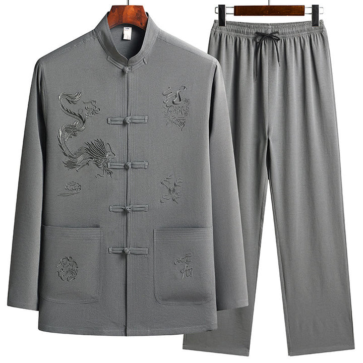 Buddha Stones Chinese New Year Embroidered Dragon Frog-button Tang Suit Hanfu Long Sleeve Top Pants Clothing Men's Set - DarkSeaGreen - US/UK/AU44，EU54 (4XL) - image 15