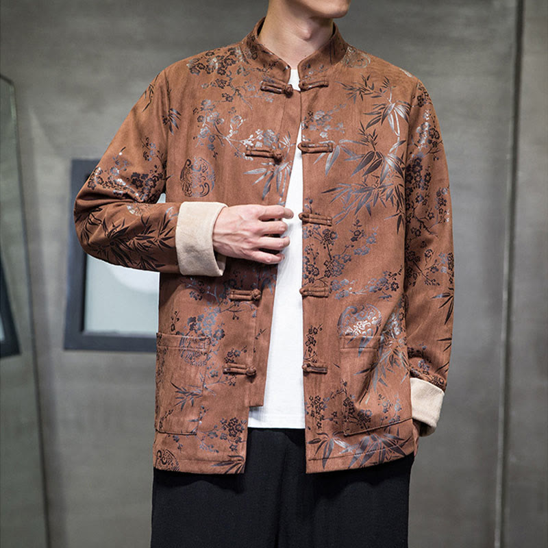 Buddha Stones Chinese New Year Clothes Flowers Bamboo Solid Color Cuff Frog-button Tang Suit Cotton Men's Jacket Shirt With Pockets - image 12