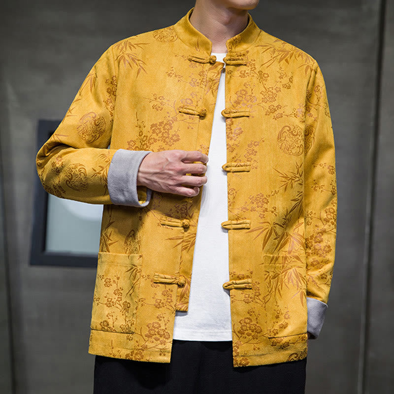 Buddha Stones Chinese New Year Clothes Flowers Bamboo Solid Color Cuff Frog-button Tang Suit Cotton Men's Jacket Shirt With Pockets - image 7