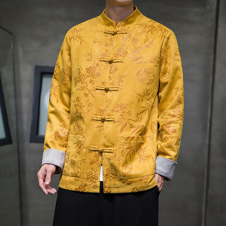 Buddha Stones Chinese New Year Clothes Flowers Bamboo Solid Color Cuff Frog-button Tang Suit Cotton Men's Jacket Shirt With Pockets - Gold - US/UK/AU46，EU56 (5XL) - image 0