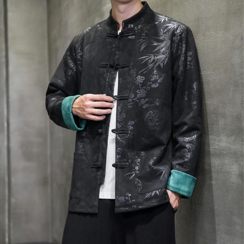 Buddha Stones Chinese New Year Clothes Flowers Bamboo Solid Color Cuff Frog-button Tang Suit Cotton Men's Jacket Shirt With Pockets - image 26