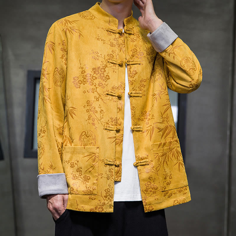 Buddha Stones Chinese New Year Clothes Flowers Bamboo Solid Color Cuff Frog-button Tang Suit Cotton Men's Jacket Shirt With Pockets - image 9