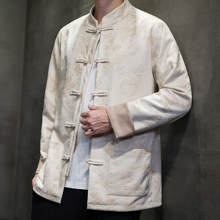 Buddha Stones Chinese New Year Clothes Flowers Bamboo Solid Color Cuff Frog-button Tang Suit Cotton Men's Jacket Shirt With Pockets - image 44