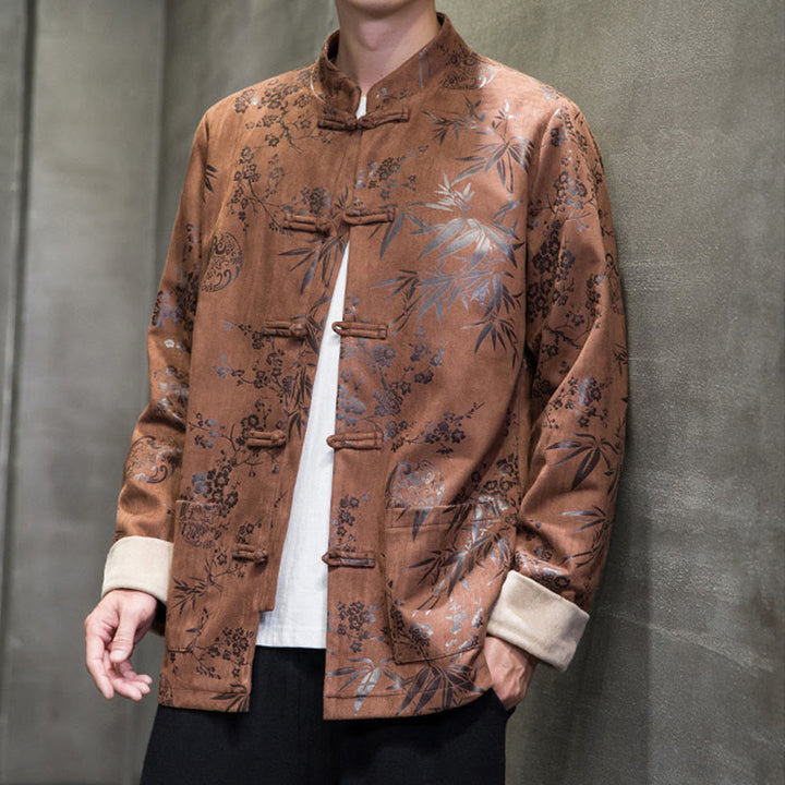 Buddha Stones Chinese New Year Clothes Flowers Bamboo Solid Color Cuff Frog-button Tang Suit Cotton Men's Jacket Shirt With Pockets