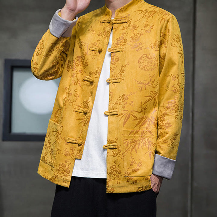 Buddha Stones Chinese New Year Clothes Flowers Bamboo Solid Color Cuff Frog-button Tang Suit Cotton Men's Jacket Shirt With Pockets