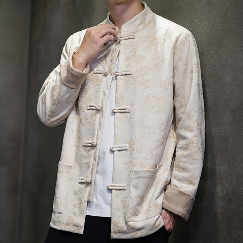 Buddha Stones Chinese New Year Clothes Flowers Bamboo Solid Color Cuff Frog-button Tang Suit Cotton Men's Jacket Shirt With Pockets - image 45