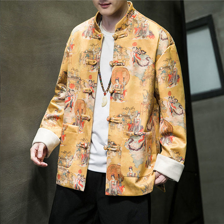 Buddha Stones Chinese New Year Clothes Ancient Figure Painting Solid Color Cuff Frog-button Tang Suit Cotton Men's Jacket Shirt With Pockets - Gold - US/UK/AU46，EU56 (5XL) - image 8