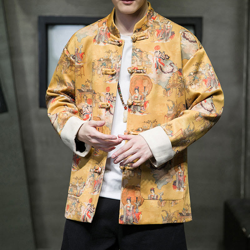 Buddha Stones Chinese New Year Clothes Ancient Figure Painting Solid Color Cuff Frog-button Tang Suit Cotton Men's Jacket Shirt With Pockets - image 9