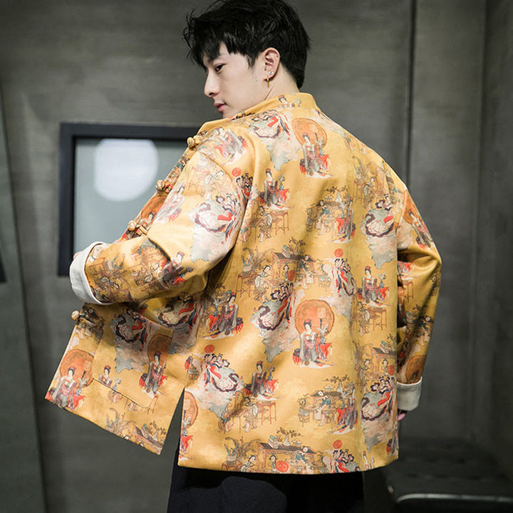 Buddha Stones Chinese New Year Clothes Ancient Figure Painting Solid Color Cuff Frog-button Tang Suit Cotton Men's Jacket Shirt With Pockets - image 12
