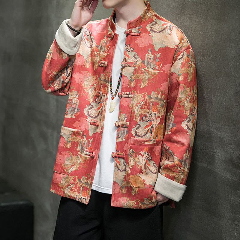 Buddha Stones Chinese New Year Clothes Ancient Figure Painting Solid Color Cuff Frog-button Tang Suit Cotton Men's Jacket Shirt With Pockets - image 1
