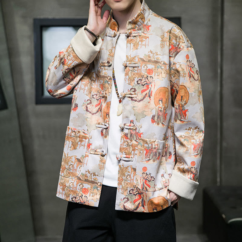 Buddha Stones Chinese New Year Clothes Ancient Figure Painting Solid Color Cuff Frog-button Tang Suit Cotton Men's Jacket Shirt With Pockets - image 20