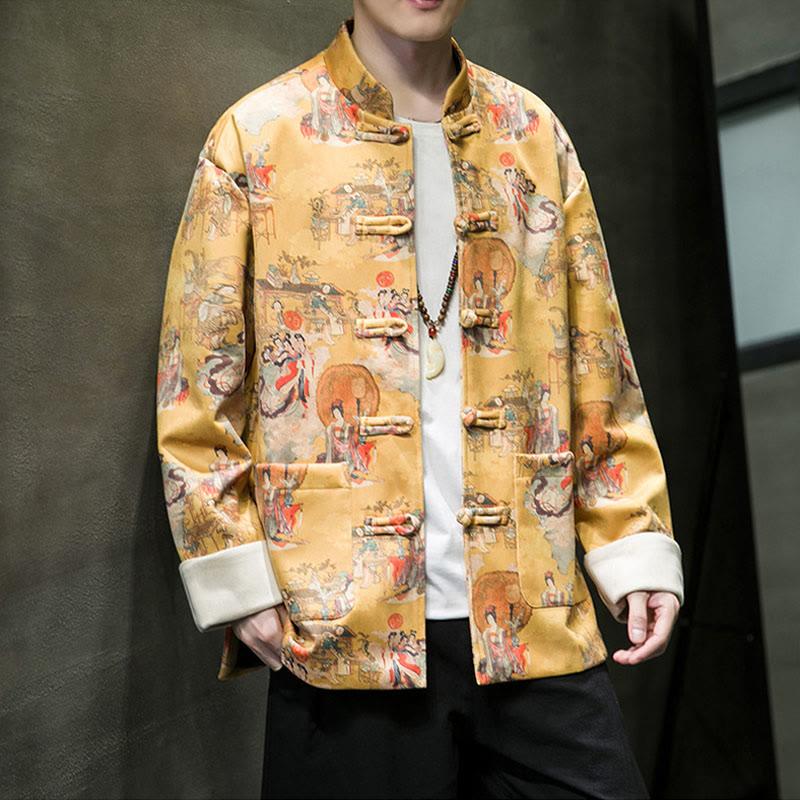 Buddha Stones Chinese New Year Clothes Ancient Figure Painting Solid Color Cuff Frog-button Tang Suit Cotton Men's Jacket Shirt With Pockets - image 13