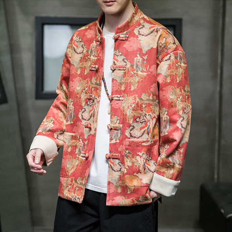 Buddha Stones Chinese New Year Clothes Ancient Figure Painting Solid Color Cuff Frog-button Tang Suit Cotton Men's Jacket Shirt With Pockets - OrangeRed - US/UK/AU46，EU56 (5XL) - image 0