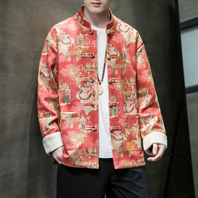 Buddha Stones Chinese New Year Clothes Ancient Figure Painting Solid Color Cuff Frog-button Tang Suit Cotton Men's Jacket Shirt With Pockets