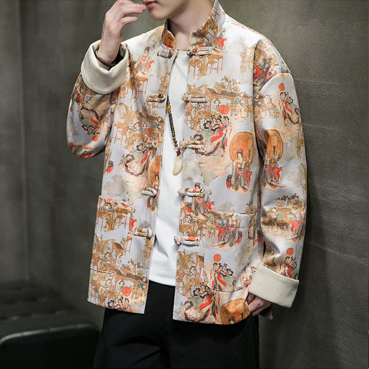 Buddha Stones Chinese New Year Clothes Ancient Figure Painting Solid Color Cuff Frog-button Tang Suit Cotton Men's Jacket Shirt With Pockets