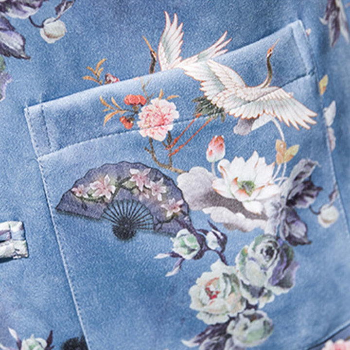 Buddha Stones Chinese New Year Clothes Flowers Fan Birds Frog-button Tang Suit Cotton Men's Jacket Shirt With Pockets - image 17