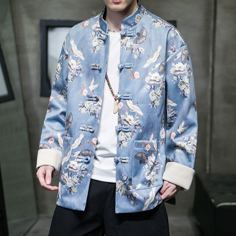 Buddha Stones Chinese New Year Clothes Flowers Fan Birds Frog-button Tang Suit Cotton Men's Jacket Shirt With Pockets - image 10
