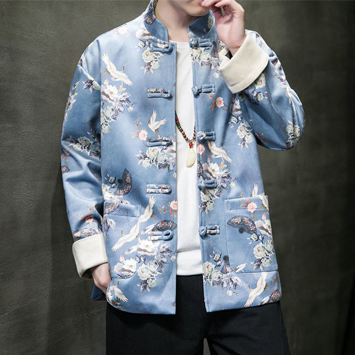 Buddha Stones Chinese New Year Clothes Flowers Fan Birds Frog-button Tang Suit Cotton Men's Jacket Shirt With Pockets - image 13