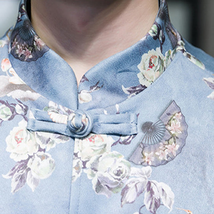 Buddha Stones Chinese New Year Clothes Flowers Fan Birds Frog-button Tang Suit Cotton Men's Jacket Shirt With Pockets - image 16