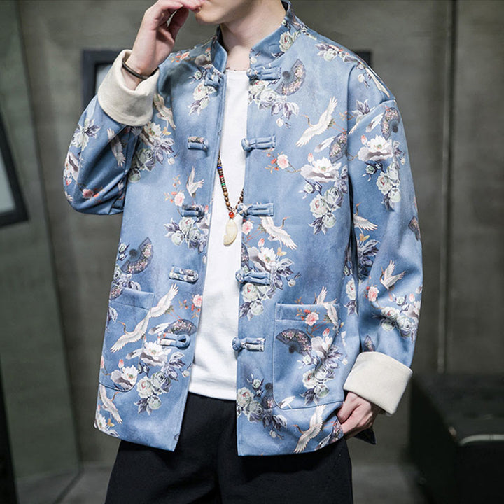 Buddha Stones Chinese New Year Clothes Flowers Fan Birds Frog-button Tang Suit Cotton Men's Jacket Shirt With Pockets - image 9