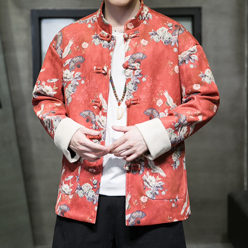 Buddha Stones Chinese New Year Clothes Flowers Fan Birds Frog-button Tang Suit Cotton Men's Jacket Shirt With Pockets - image 2