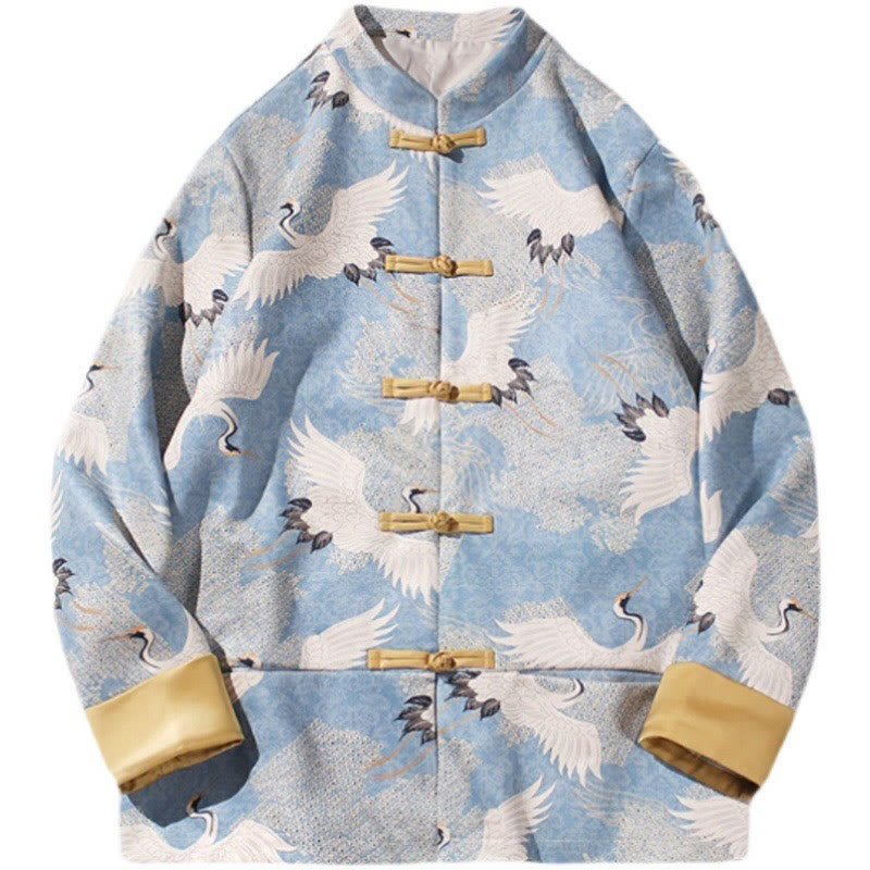 Buddha Stones Chinese New Year Clothes White Crane Gold Frog-button Tang Suit Cotton Men's Jacket Shirt With Pockets