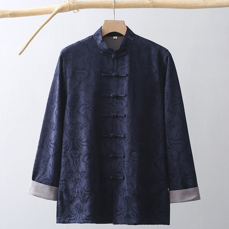 Buddha Stones Chinese New Year Jacquard Embroidery Solid Color Cuff Frog-button Tang Suit Cotton Men's Jacket Shirt With Pockets