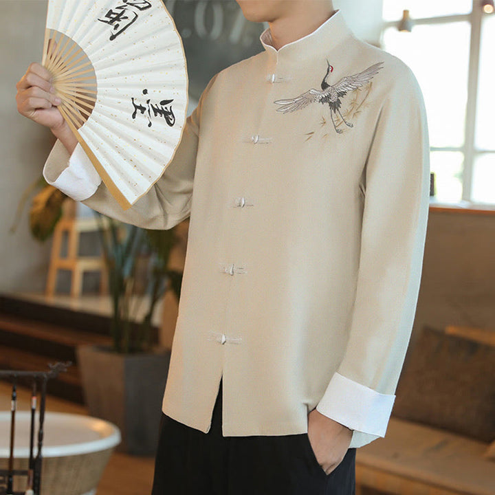 Buddha Stones Chinese New Year Flying Crane Embroidery Frog-button Tang Suit Cotton Men's Jacket Shirt - image 22