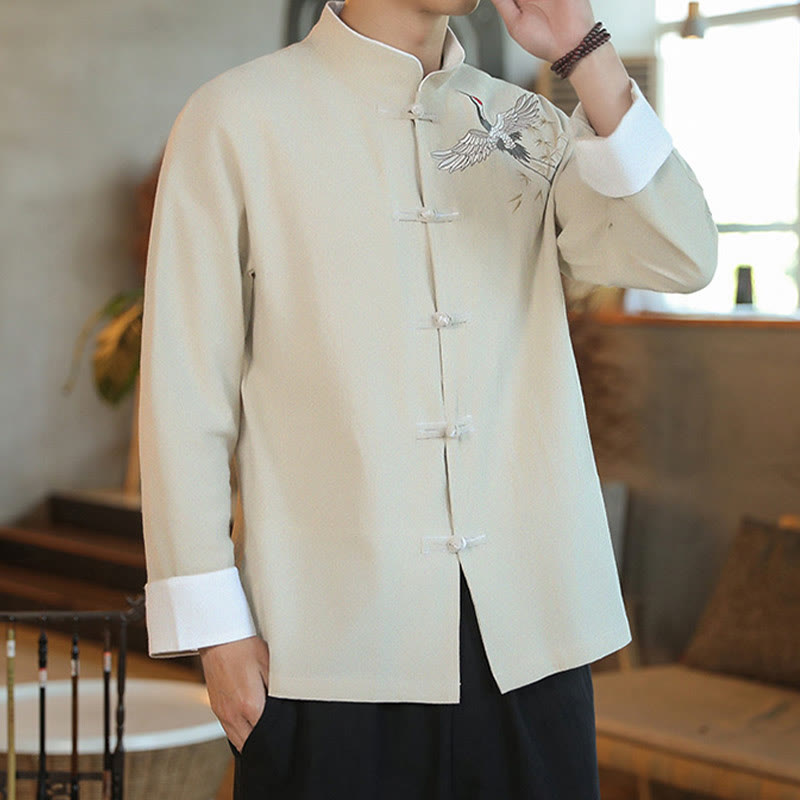 Buddha Stones Chinese New Year Flying Crane Embroidery Frog-button Tang Suit Cotton Men's Jacket Shirt - image 23