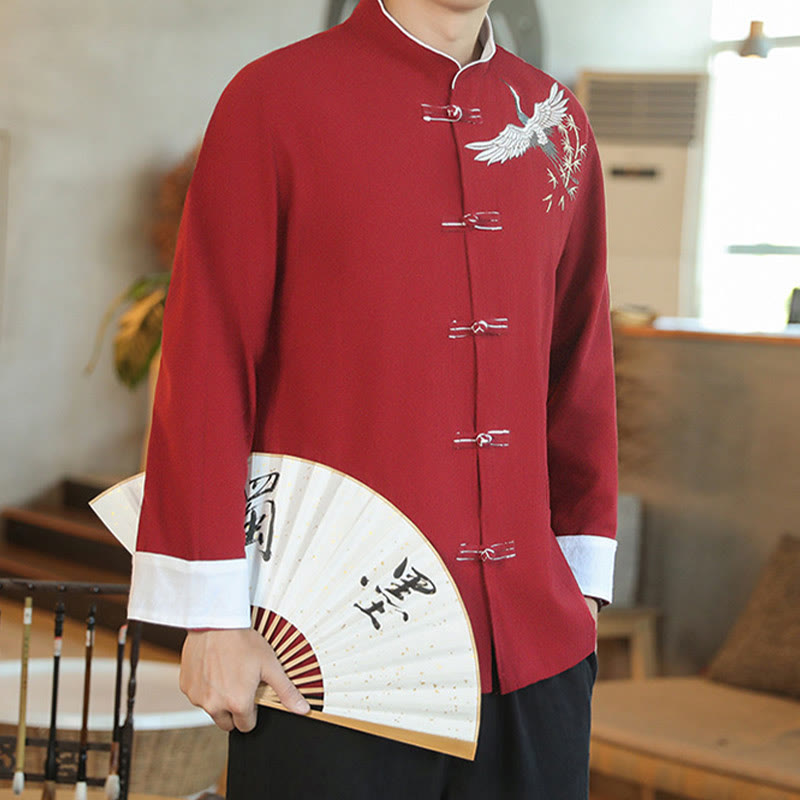 Buddha Stones Chinese New Year Flying Crane Embroidery Frog-button Tang Suit Cotton Men's Jacket Shirt - image 8