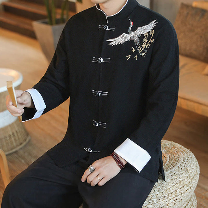 Buddha Stones Chinese New Year Flying Crane Embroidery Frog-button Tang Suit Cotton Men's Jacket Shirt - image 13